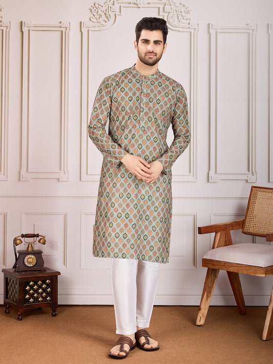 Printed Mandarin Collar Neck Chikankari Kurta Set