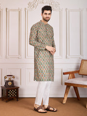 Printed Mandarin Collar Neck Chikankari Kurta Set