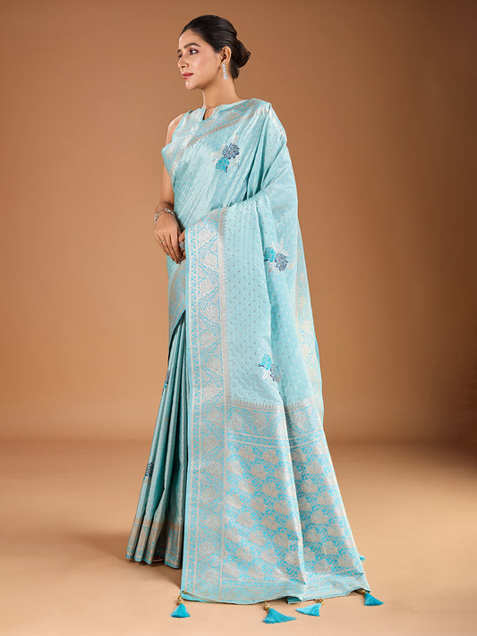 Floral Zari Woven Design Tassels Saree with Blouse Piece