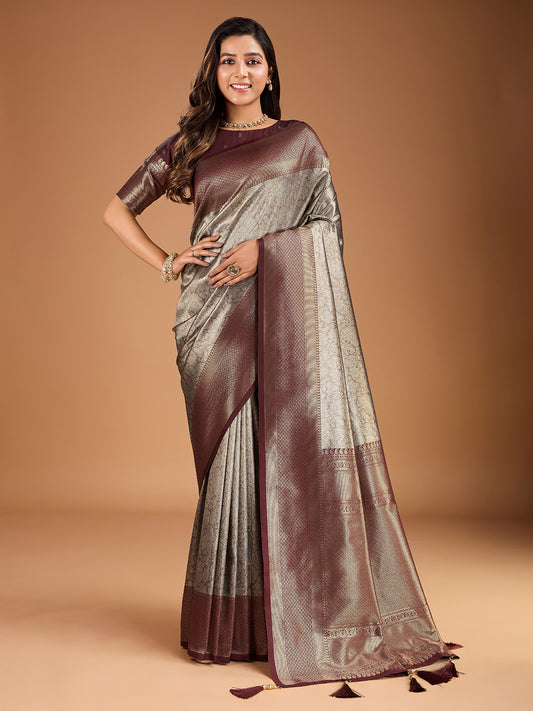 Floral Zari Woven Design Tassels Saree with Blouse Piece