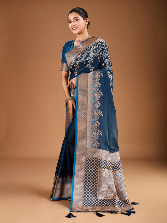 Floral Zari Woven Design Tassels Saree with Blouse Piece