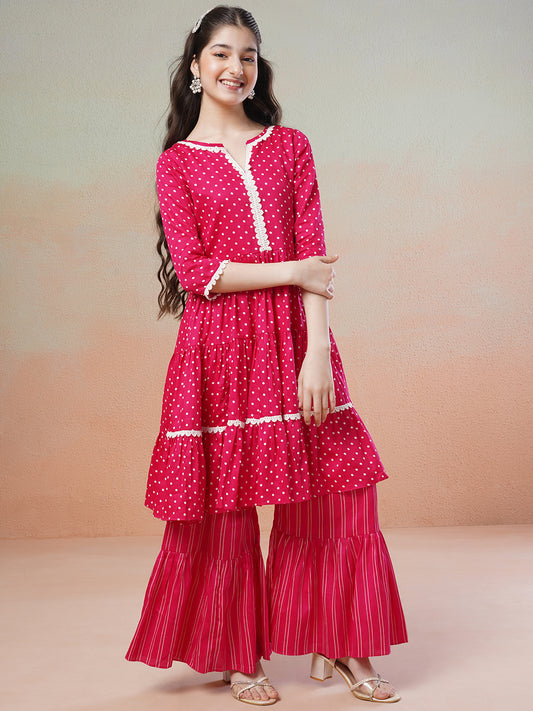 Magenta Girls Printed Regular Kurta with Sharara