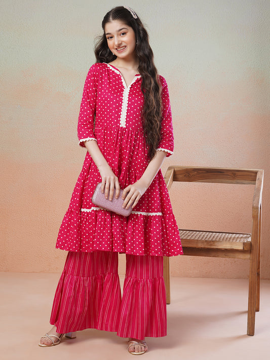 Magenta Girls Printed Regular Kurta with Sharara