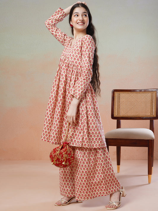 Peach Girls Ethnic Motifs Printed Empire Kurta with Sharara