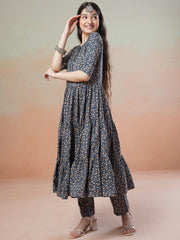 Girls Floral Printed Tiered Anarkali Kurta with Trousers