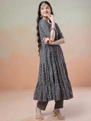 Girls Floral Printed Tiered Anarkali Kurta with Trousers