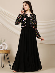 Girls Embroidered A-Line Maxi Ethnic Dress With Jacket