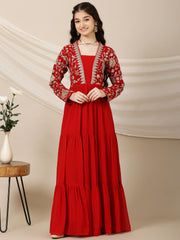 Girls Floral Embroidered A-Line Maxi Ethnic Dresses