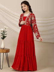 Girls Floral Embroidered A-Line Maxi Ethnic Dresses