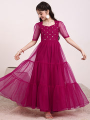 Girls Embellished Net Ethnic Maxi Dress