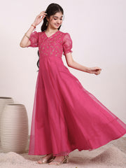 Girls Sequinned Embroidered Fit and Flare Ethnic Dress