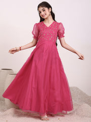 Girls Sequinned Embroidered Fit and Flare Ethnic Dress