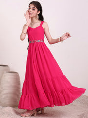 Girls Shoulder Straps Tiered Fit and Flare Ethnic Dress With Embellished Belt