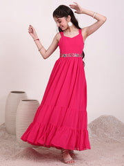 Girls Shoulder Straps Tiered Fit and Flare Ethnic Dress With Embellished Belt