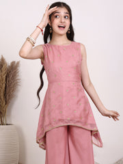 Girls Floral Embroidered Sequinned Georgette A-Line Kurti With Sharara