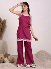 Girls Floral Embroidered Sequinned Straight Kurta With Palazzos