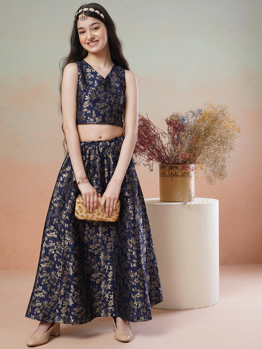 Girls Navy blue Woven Design Ready to Wear Lehenga & Blouse