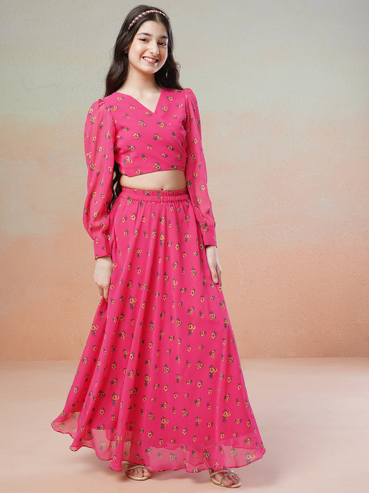 Girls Pink Floral Printed Ready to Wear Lehenga & Blouse