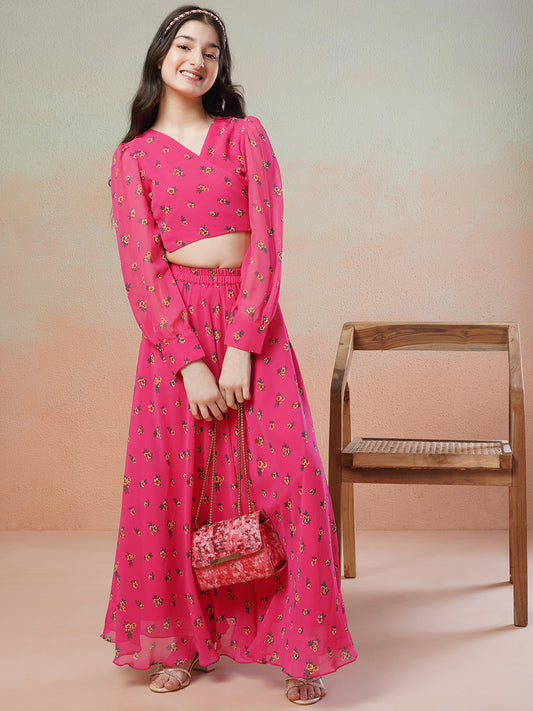 Girls Pink Floral Printed Ready to Wear Lehenga & Blouse