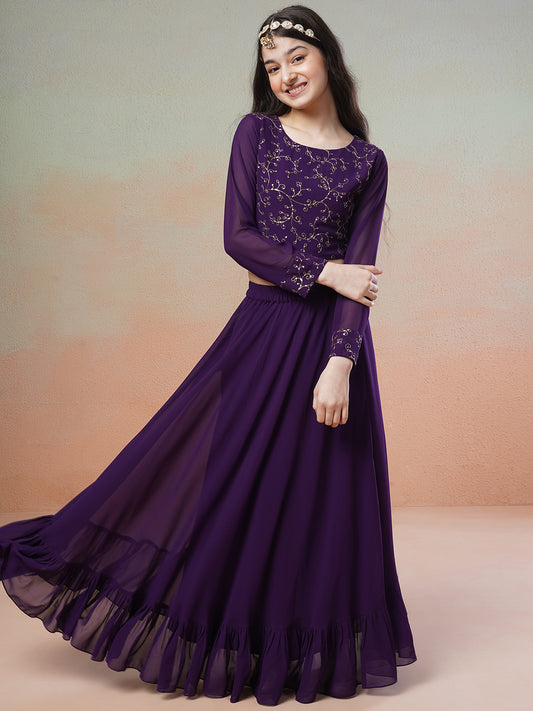 Girls Purple Embroidered Thread Work Ready to Wear Lehenga &