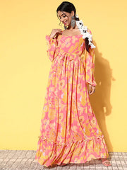 Floral Printed A-Line Maxi Ethnic Dresses