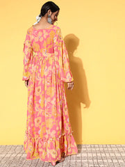 Floral Printed A-Line Maxi Ethnic Dresses