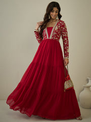 Sequinned Embroidered Tiered Fit & Flared Maxi Ethnic Dress