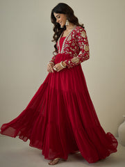 Sequinned Embroidered Tiered Fit & Flared Maxi Ethnic Dress