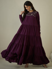 Floral Threads & Sequinned Embroiderd Tiered A-line Maxi Ethnic Dresses