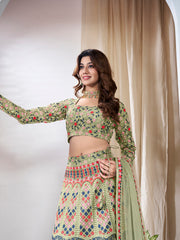 Embroidered Thread Work Semi-Stitched Lehenga & Unstitched Blouse With Dupatta