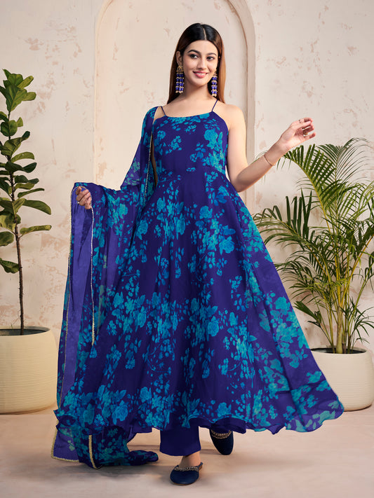 Women Floral Printed Angrakha Kurta with Trousers & With Dupatta