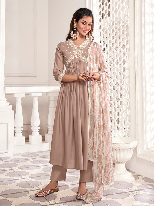 Floral Yoke Design Thread Work Anarkali Kurta & Trousers With Dupatta