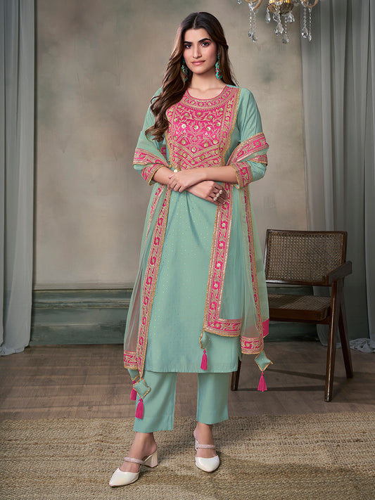 Women Ethnic Motifs Yoke Design Regular Sequinned Kurta with Trousers & With Dupatta