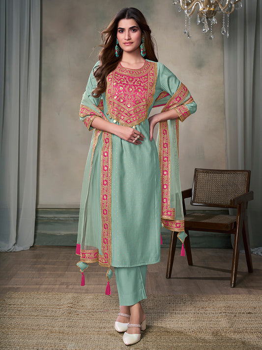 Women Ethnic Motifs Yoke Design Regular Sequinned Kurta with Trousers & With Dupatta