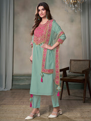 Women Ethnic Motifs Yoke Design Regular Sequinned Kurta with Trousers & With Dupatta