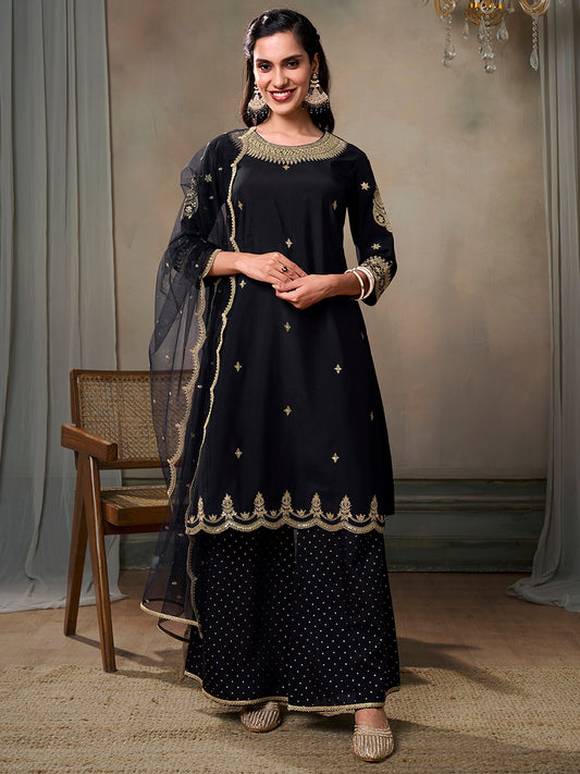 Ethnic Motifs Embroidered Sequinned Kurta With Palazzos & Dupatta