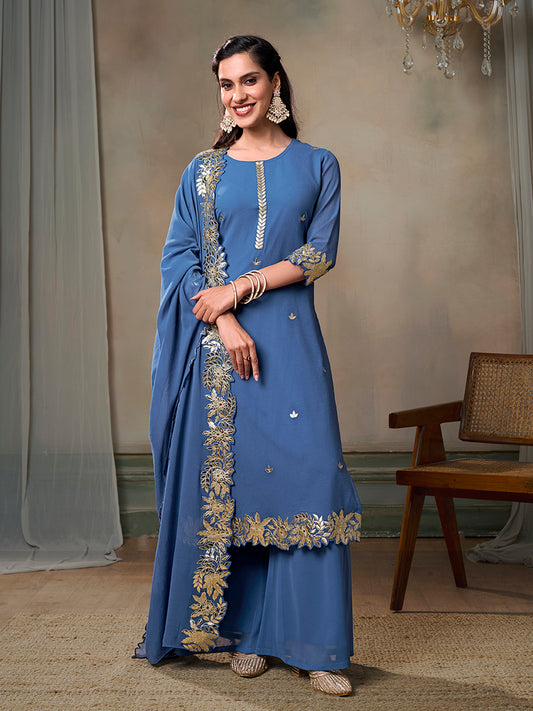 Floral Embroidered Kurta With Palazzos & Dupatta