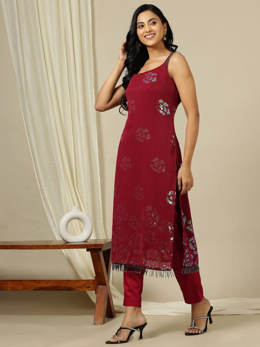 Floral Embellished Sequinned Shoulder Straps Georgette A-Line Kurta