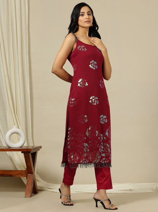 Floral Embellished Sequinned Shoulder Straps Georgette A-Line Kurta