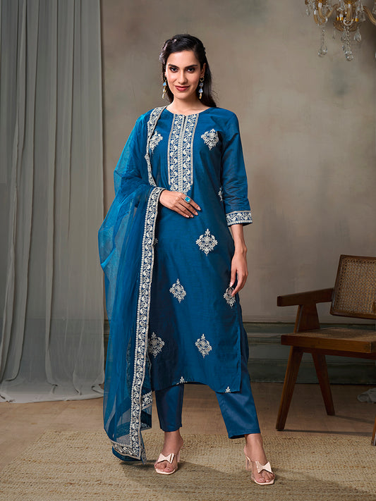 Floral Embroidered Chanderi Cotton Kurta With Palazzos & Dupatta