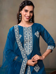 Floral Embroidered Chanderi Cotton Kurta With Palazzos & Dupatta