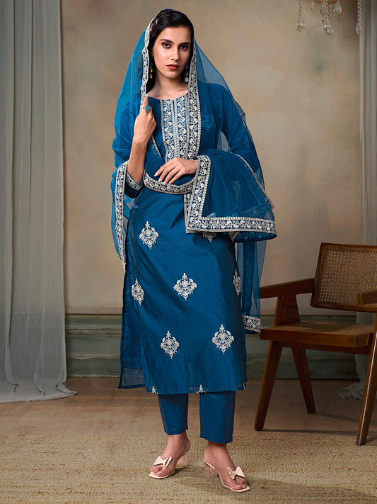 Floral Embroidered Chanderi Cotton Kurta With Palazzos & Dupatta