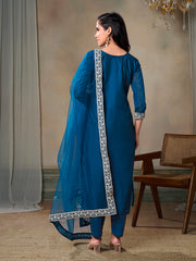 Floral Embroidered Chanderi Cotton Kurta With Palazzos & Dupatta