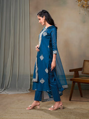 Floral Embroidered Chanderi Cotton Kurta With Palazzos & Dupatta