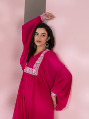 Women Pink Floral Yoke Design Pleated Thread Work Kurta with Trousers