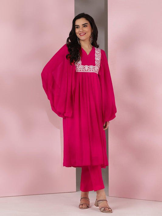 Women Pink Floral Yoke Design Pleated Thread Work Kurta with Trousers