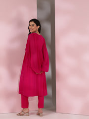 Women Pink Floral Yoke Design Pleated Thread Work Kurta with Trousers