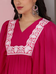 Women Pink Floral Yoke Design Pleated Thread Work Kurta with Trousers