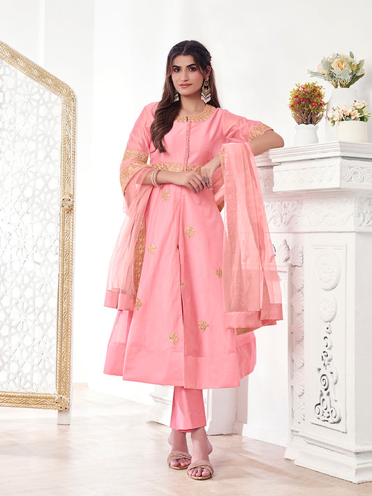 Women Ethnic Motifs Embroidered Regular Sequinned Chanderi Cotton Kurta with Trousers & With Dupatta