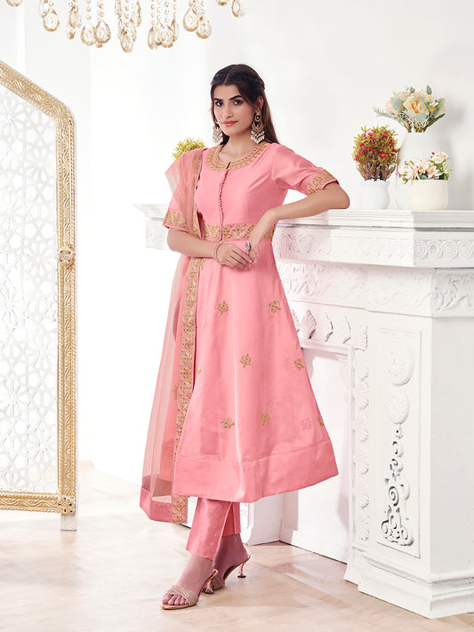 Women Ethnic Motifs Embroidered Regular Sequinned Chanderi Cotton Kurta with Trousers & With Dupatta